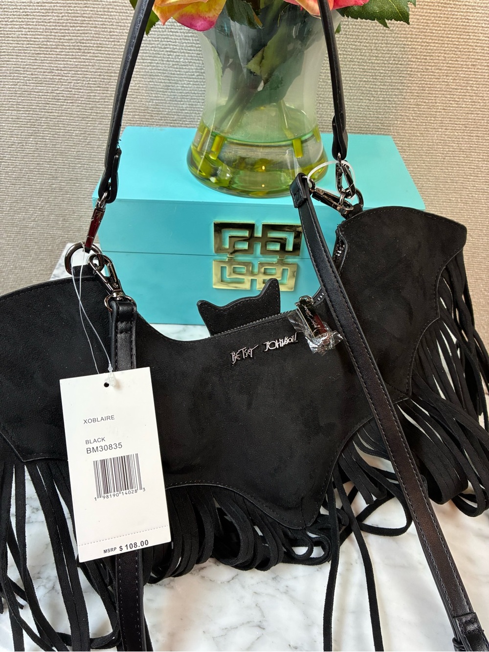 Betsey Johnson Black Fringed Bat in Faux Suede XOBLAIRE Convertible Bag - HTF - Picture 2 of 7